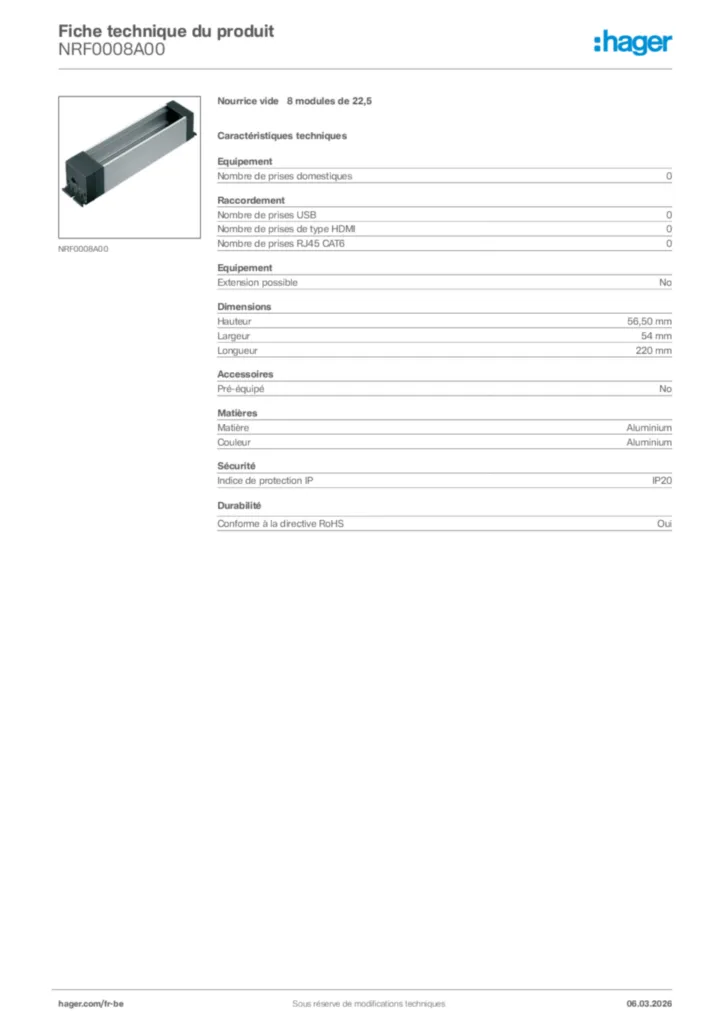 Image Hager Fiche technique du produit NRF0008A00 | Hager Belgique