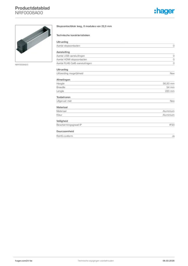 Afbeelding Hager Productdatablad NRF0008A00 | Hager Belgium