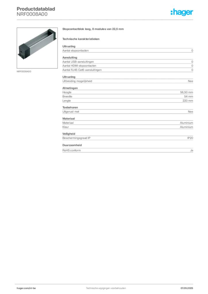 Afbeelding Hager Productdatablad NRF0008A00 | Hager Belgium