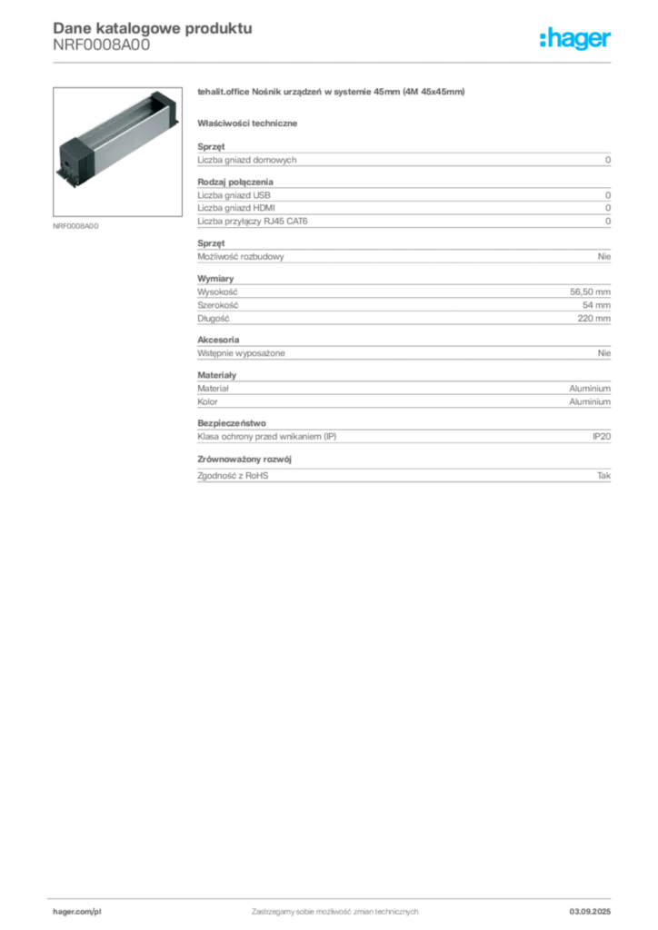 Zdjęcie Hager Karta katalogowa NRF0008A00 | Hager Polska