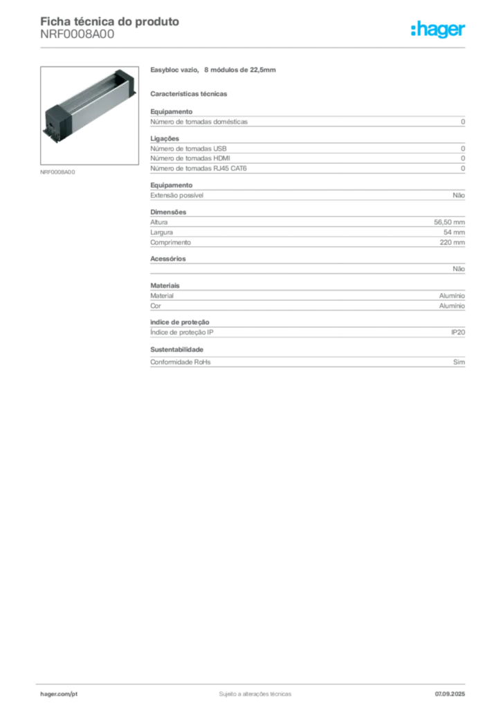 Imagem Hager Ficha técnica do produto NRF0008A00 | Hager Portugal