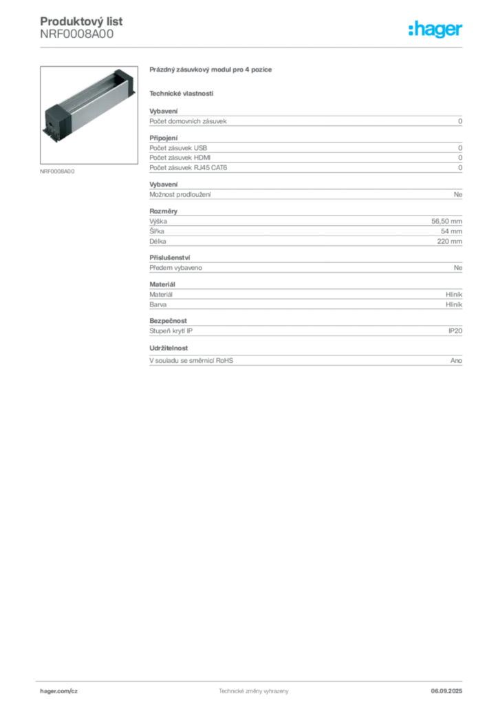 Obrázek Hager Produktový list NRF0008A00 | Hager