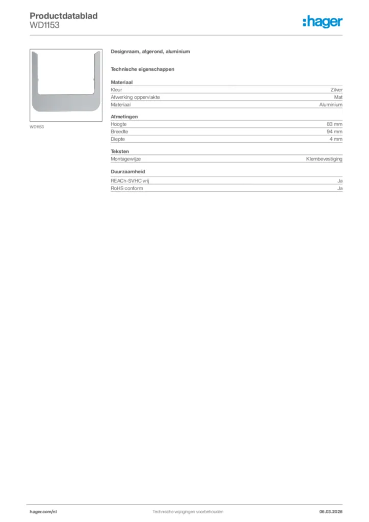 Afbeelding Hager Productdatablad WD1153 | Hager Nederland