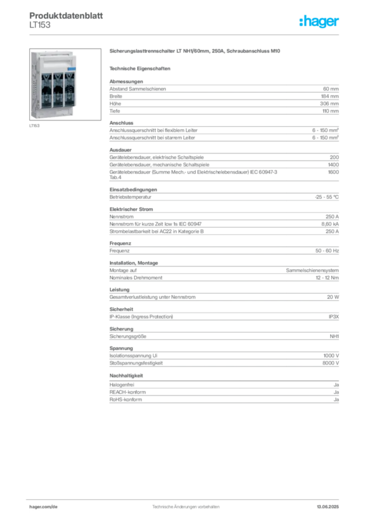 Bild Hager Produktdatenblatt LT153 | Hager Deutschland