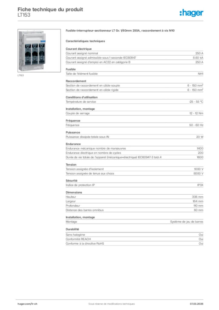 Image Hager Fiche technique du produit LT153 | Hager Suisse