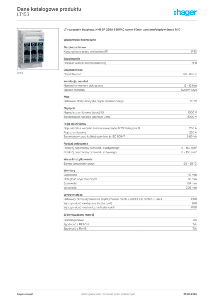 Zdjęcie Hager Karta katalogowa LT153 | Hager Polska