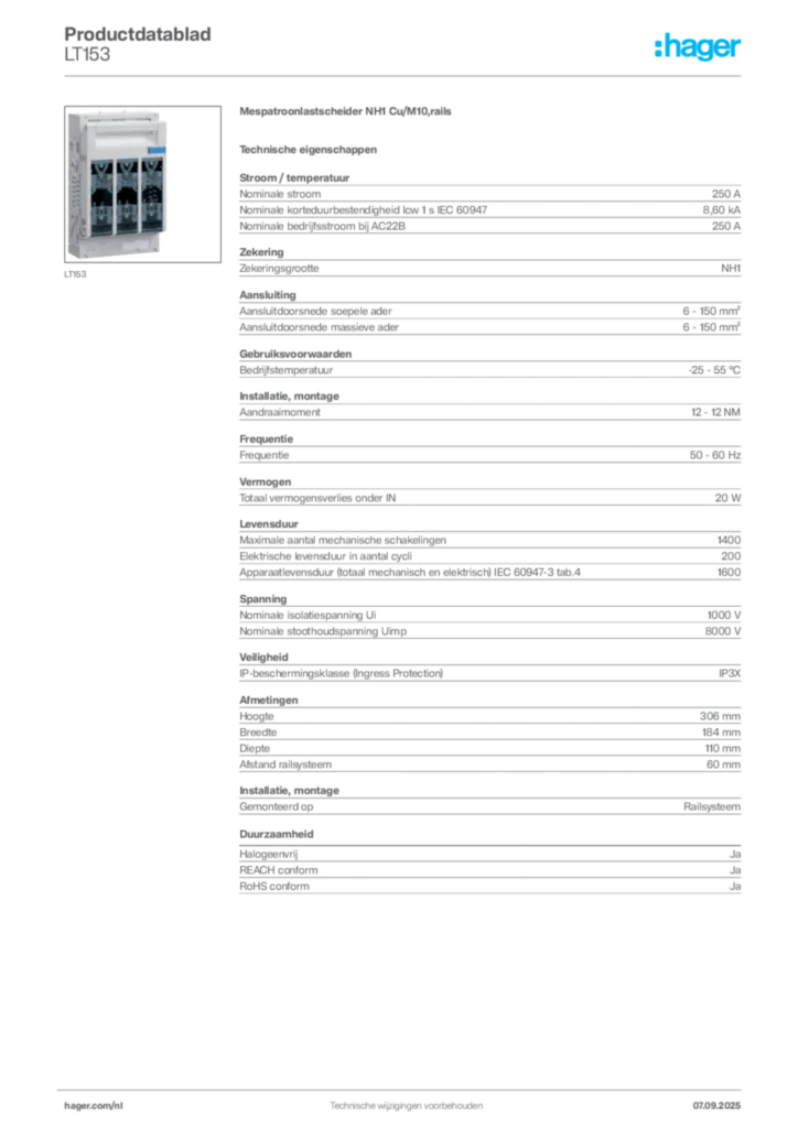Afbeelding Hager Productdatablad LT153 | Hager Nederland