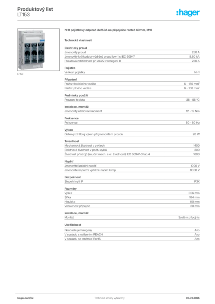 Obrázek Hager Produktový list LT153 | Hager