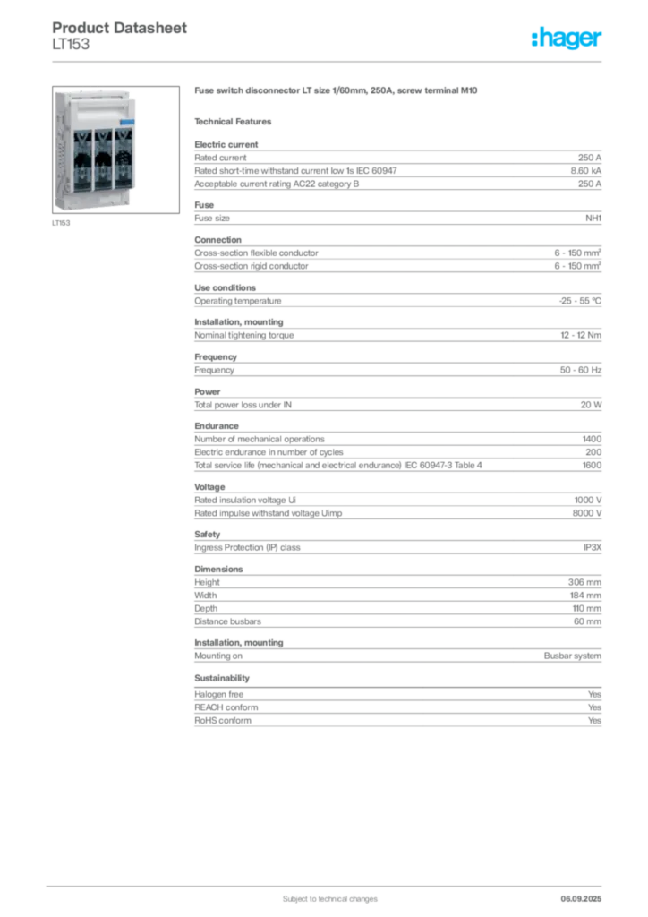 Image Hager Product data sheet LT153  | Hager