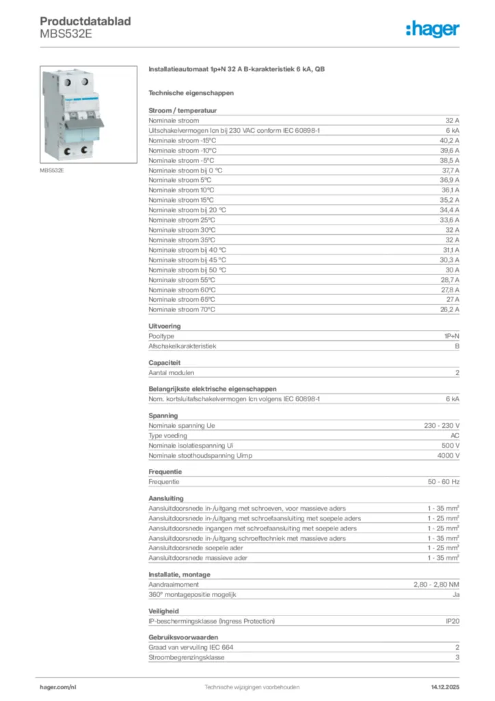 Afbeelding Hager Productdatablad MBS532E | Hager Nederland