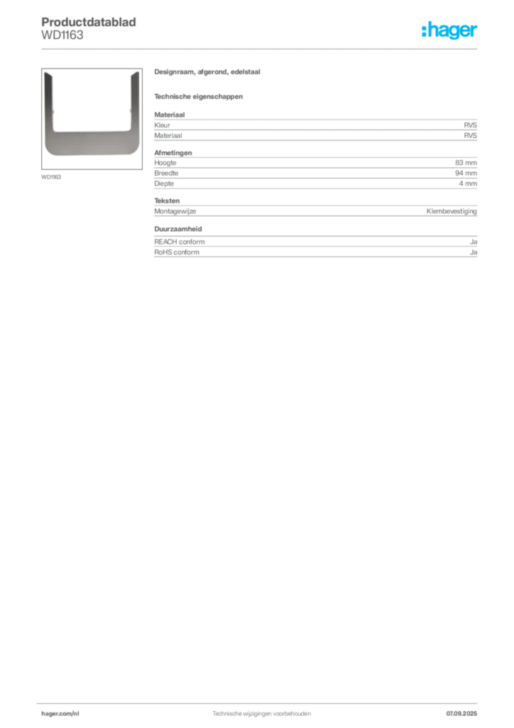 Afbeelding Hager Productdatablad WD1163 | Hager Nederland
