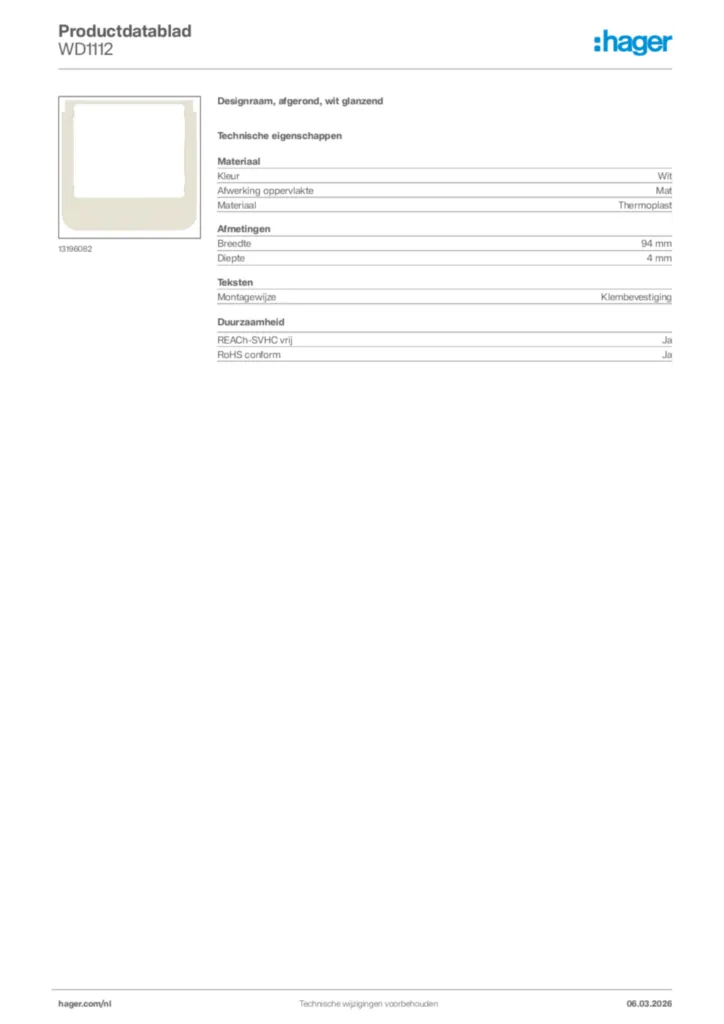 Afbeelding Hager Productdatablad WD1112 | Hager Nederland
