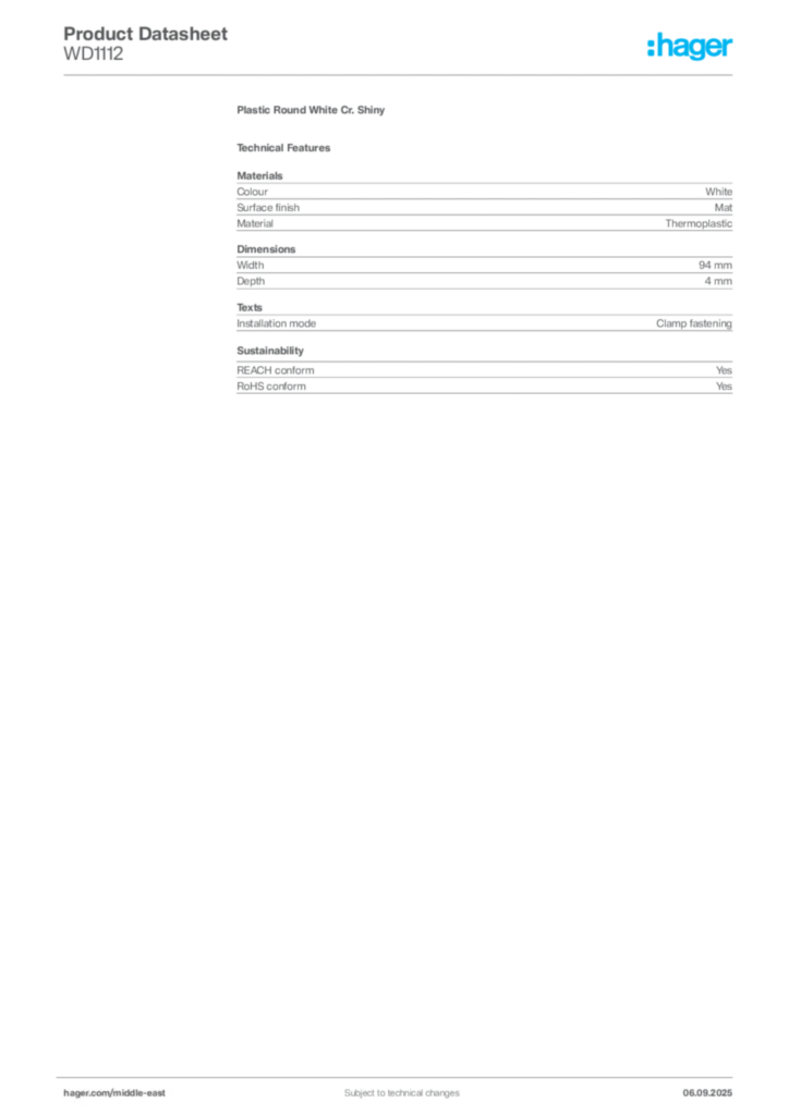 Image Hager Product data sheet WD1112  | Hager