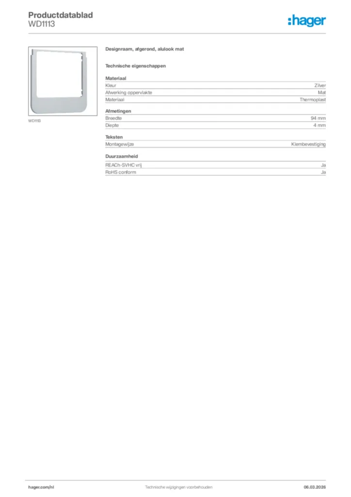 Afbeelding Hager Productdatablad WD1113 | Hager Nederland