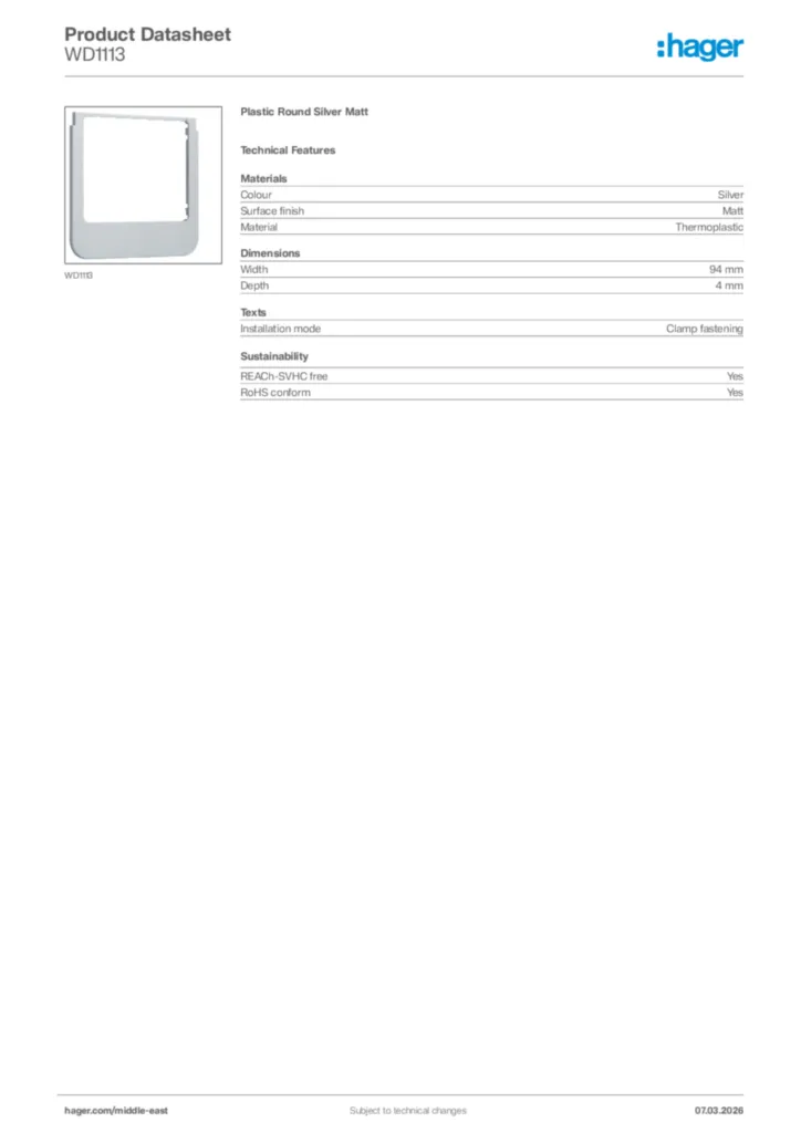 Image Hager Product data sheet WD1113  | Hager
