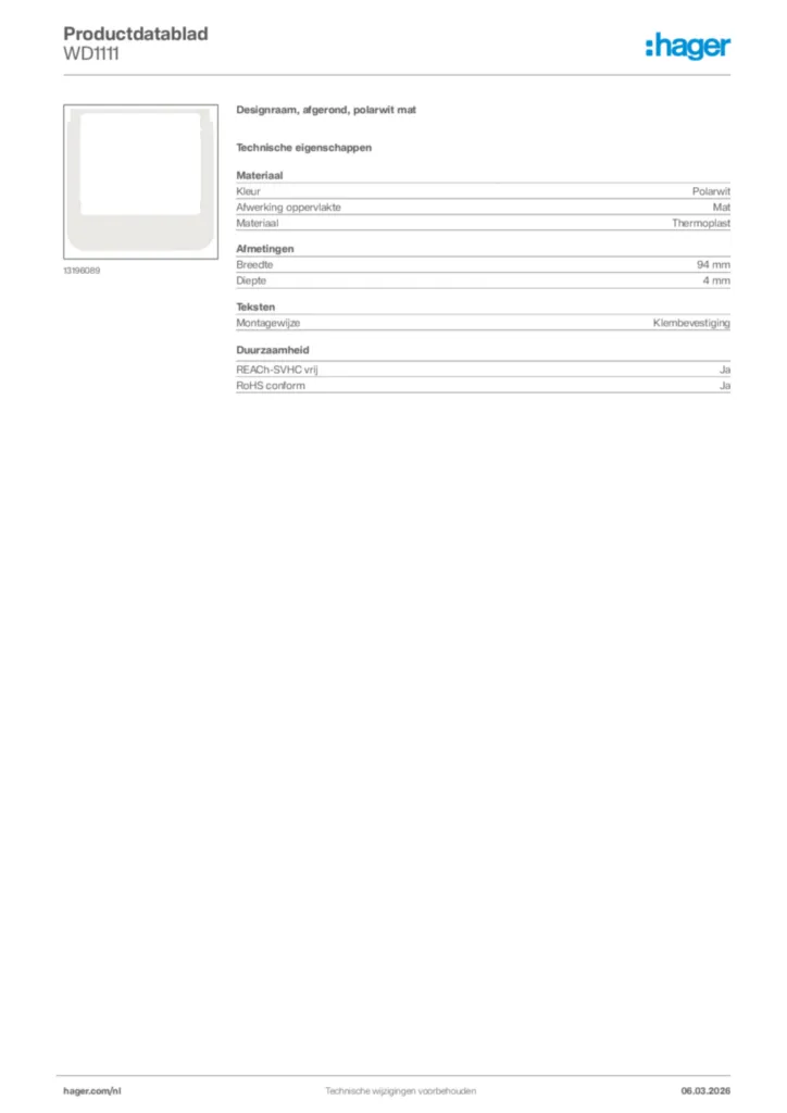 Afbeelding Hager Productdatablad WD1111 | Hager Nederland