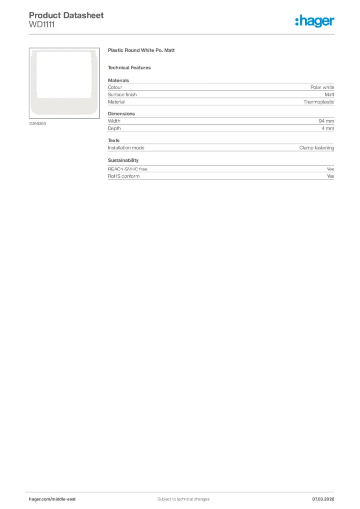 Image Hager Product data sheet WD1111  | Hager