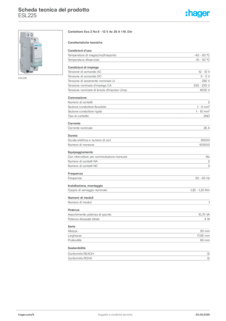 Immagine Hager Scheda tecnica del prodotto ESL225 | Hager Italia
