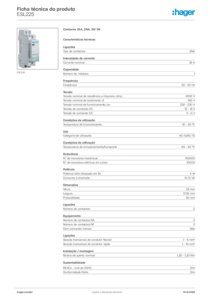 Imagem Hager Ficha técnica do produto ESL225 | Hager Portugal