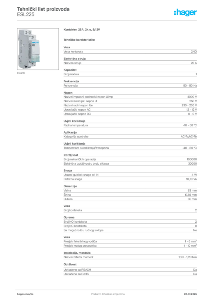 Slika Hager Product data sheet ESL225  | Hager