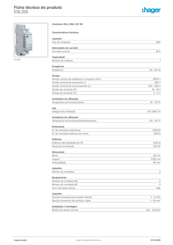 Imagem Hager Ficha técnica do produto ESL225 | Hager Portugal