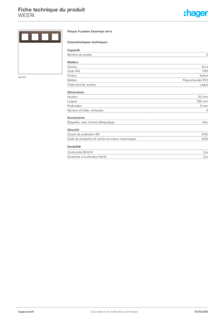 Image Hager Fiche technique du produit WE574 | Hager France
