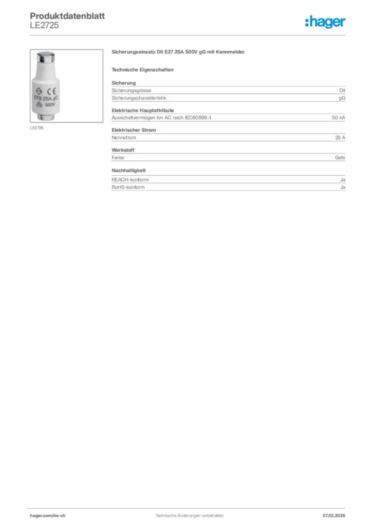 Bild Hager Produktdatenblatt LE2725 | Hager Schweiz