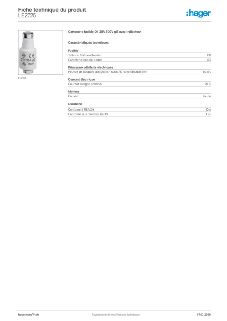 Image Hager Fiche technique du produit LE2725 | Hager Suisse