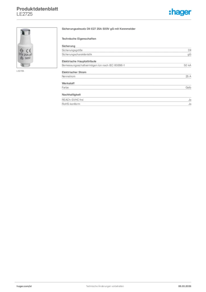Bild Hager Produktdatenblatt LE2725 | Hager Deutschland