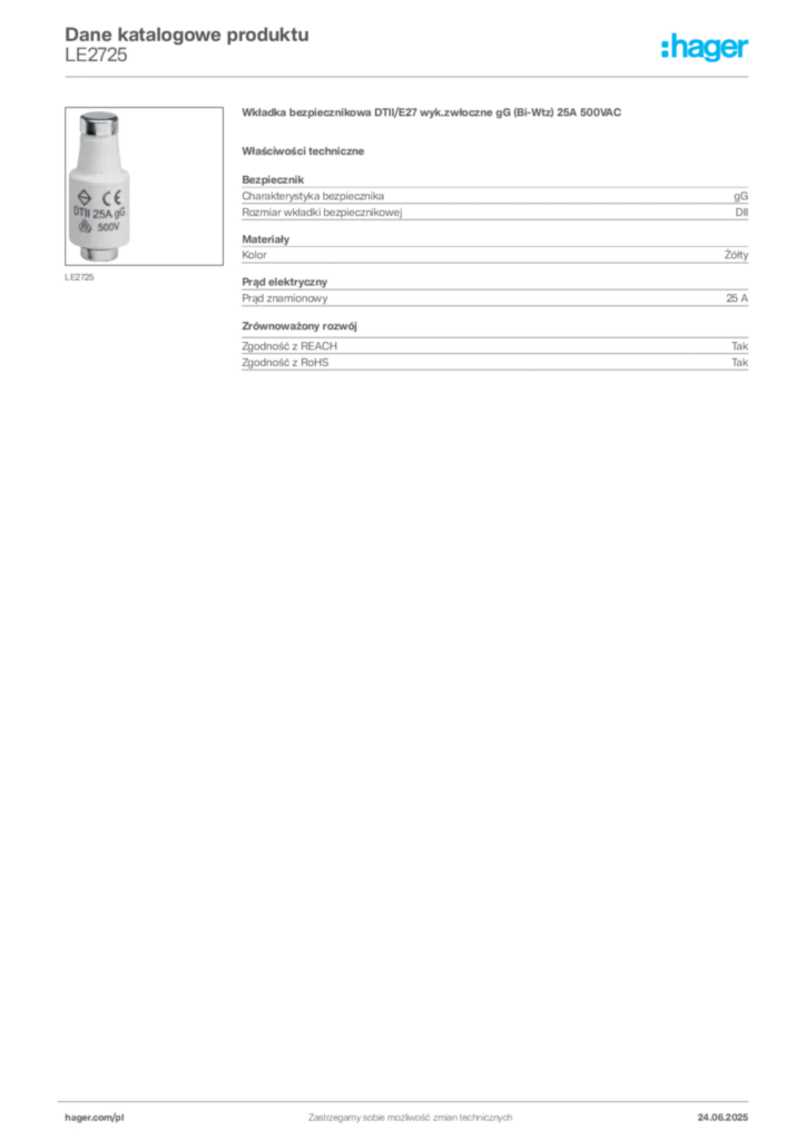 Zdjęcie Hager Karta katalogowa LE2725 | Hager Polska
