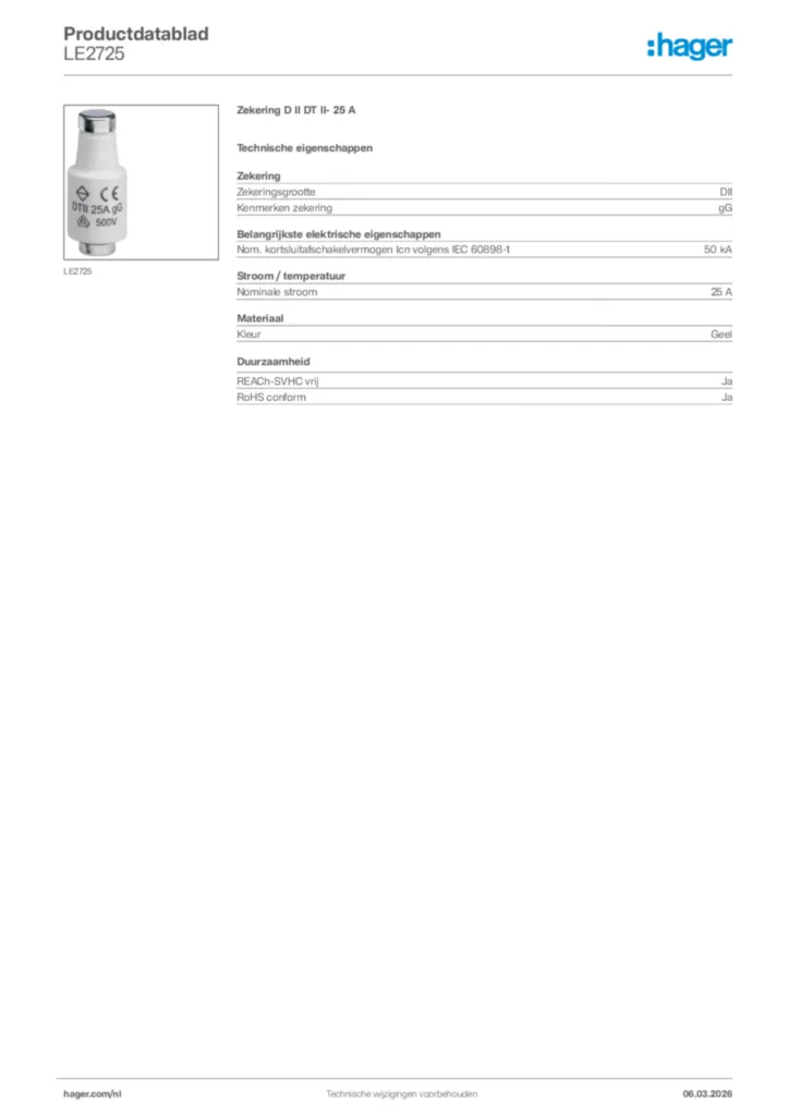 Afbeelding Hager Productdatablad LE2725 | Hager Nederland