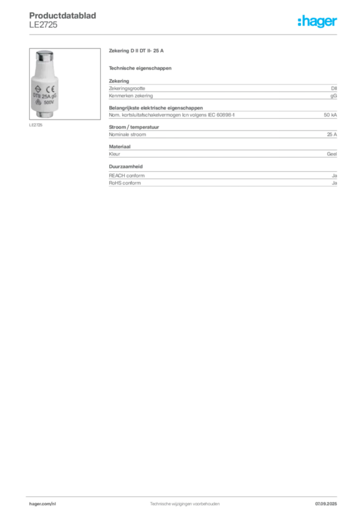 Afbeelding Hager Productdatablad LE2725 | Hager Nederland