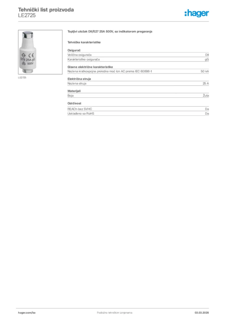 Slika Hager Tehnički list proizvoda LE2725  | Hager