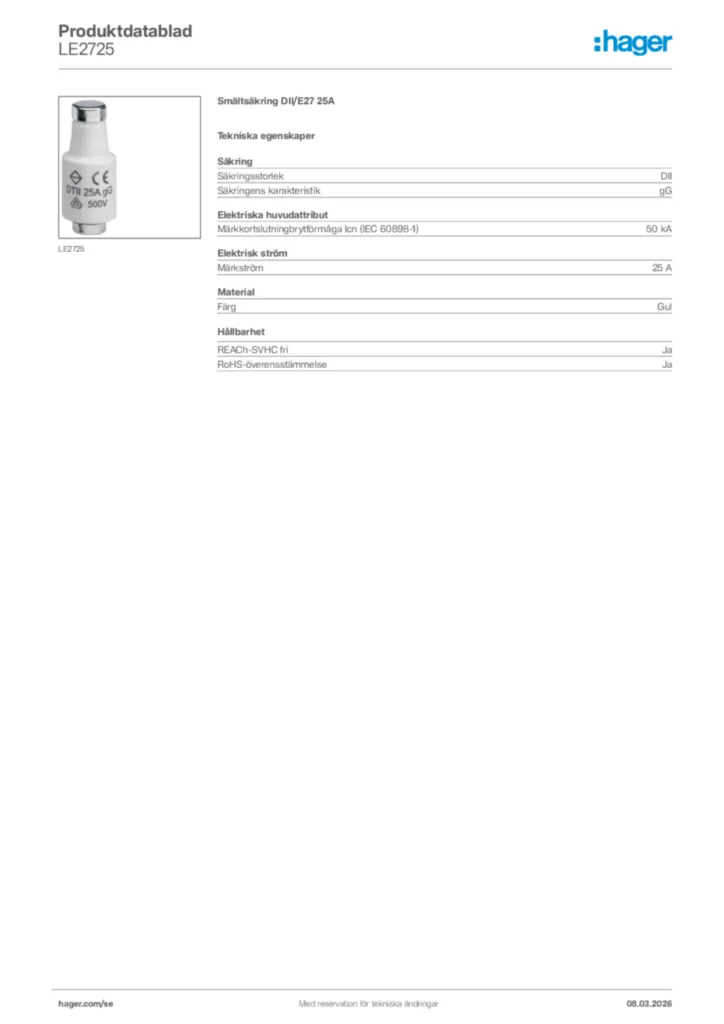 Bild Hager Produktdatablad LE2725 | Hager Sverige