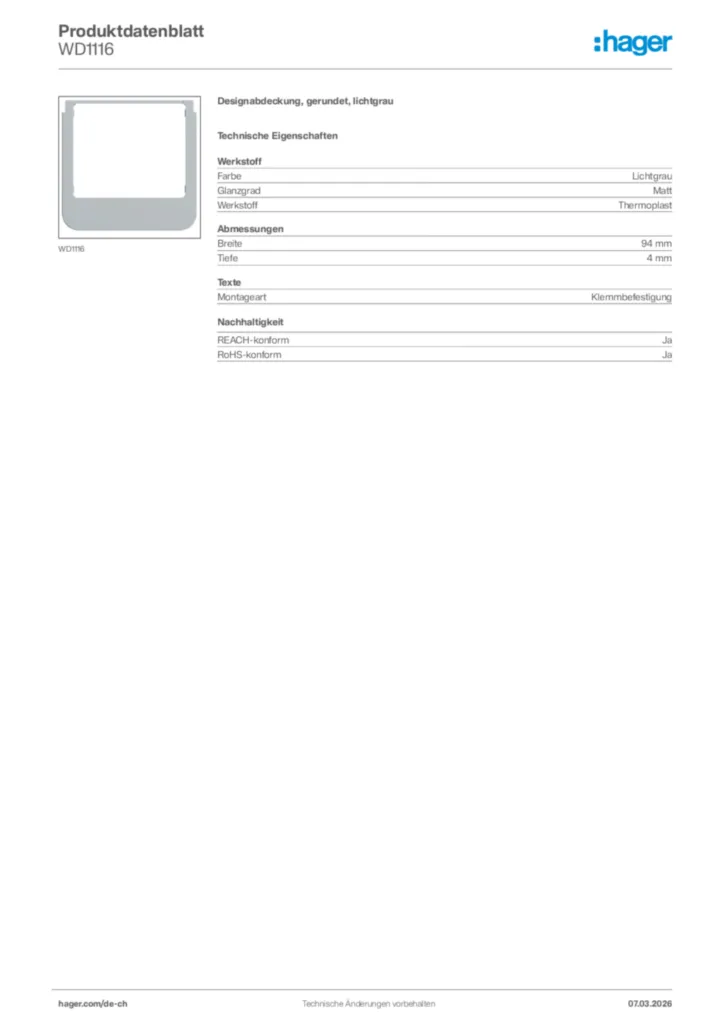Bild Hager Produktdatenblatt WD1116 | Hager Schweiz