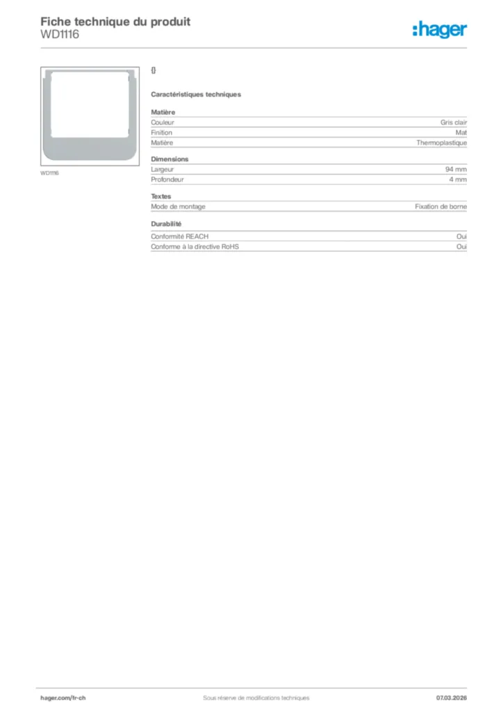 Image Hager Fiche technique du produit WD1116 | Hager Suisse