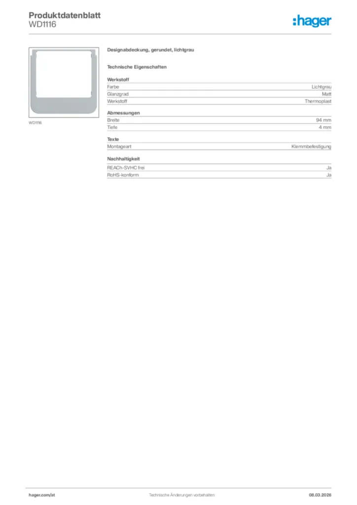 Bild Hager Produktdatenblatt WD1116 | Hager Deutschland
