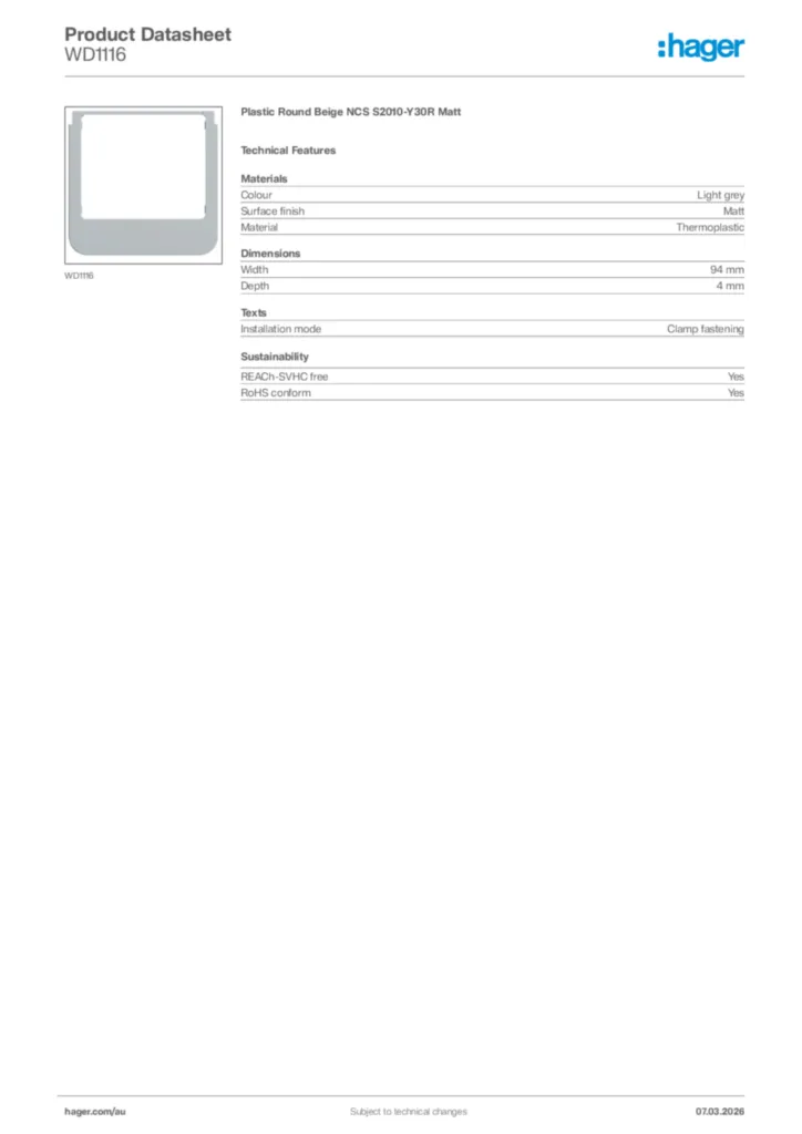 Image Hager Product data sheet WD1116  | Hager Australia
