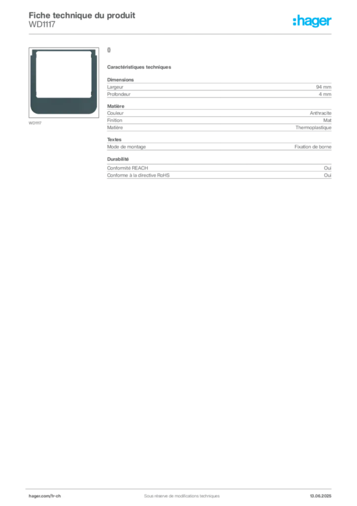 Image Hager Fiche technique du produit WD1117 | Hager Suisse