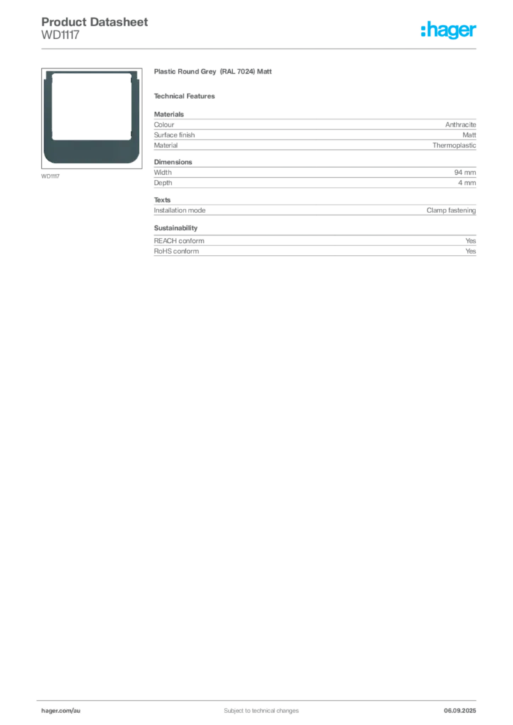 Image Hager Product data sheet WD1117  | Hager Australia