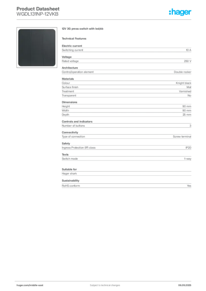 Image Hager Product data sheet WGDL131NP-12VKB  | Hager