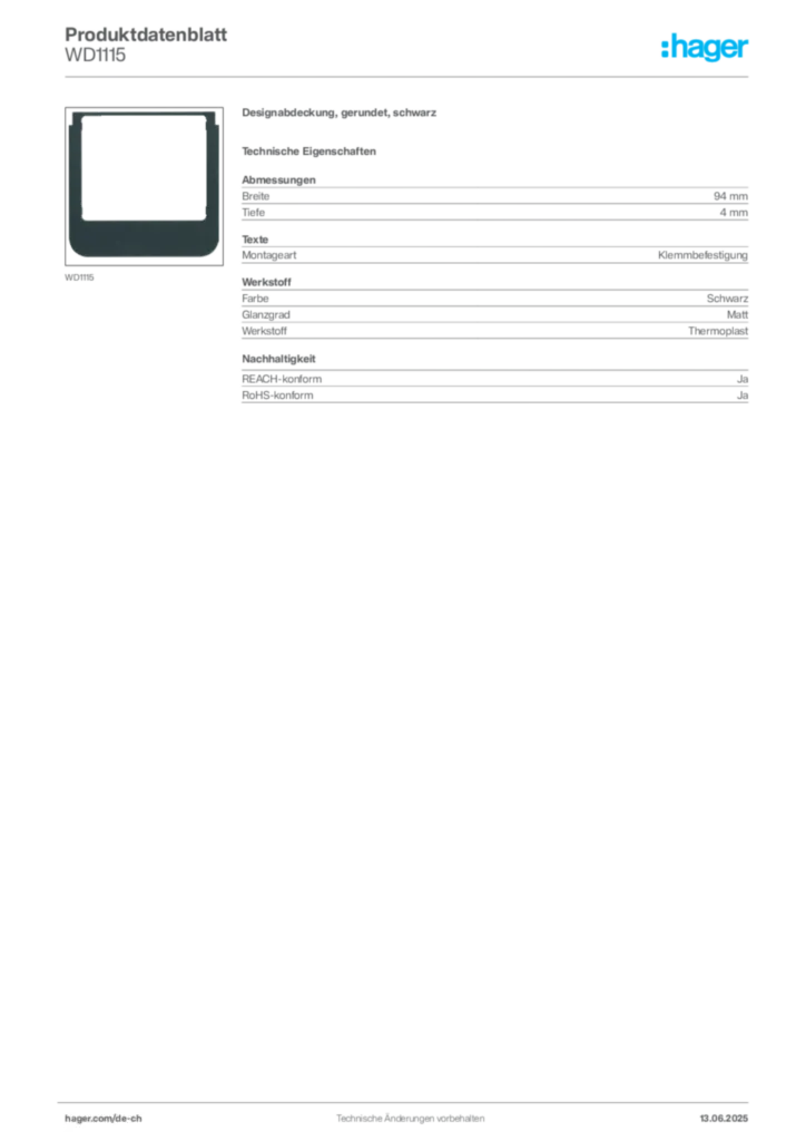 Bild Hager Produktdatenblatt WD1115 | Hager Schweiz