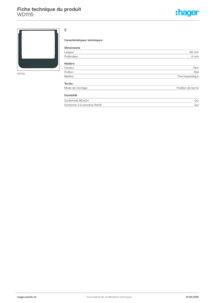 Image Hager Fiche technique du produit WD1115 | Hager Suisse