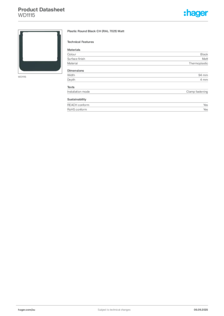 Image Hager Product data sheet WD1115  | Hager Australia