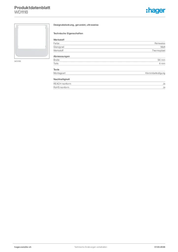 Bild Hager Produktdatenblatt WD1118 | Hager Schweiz