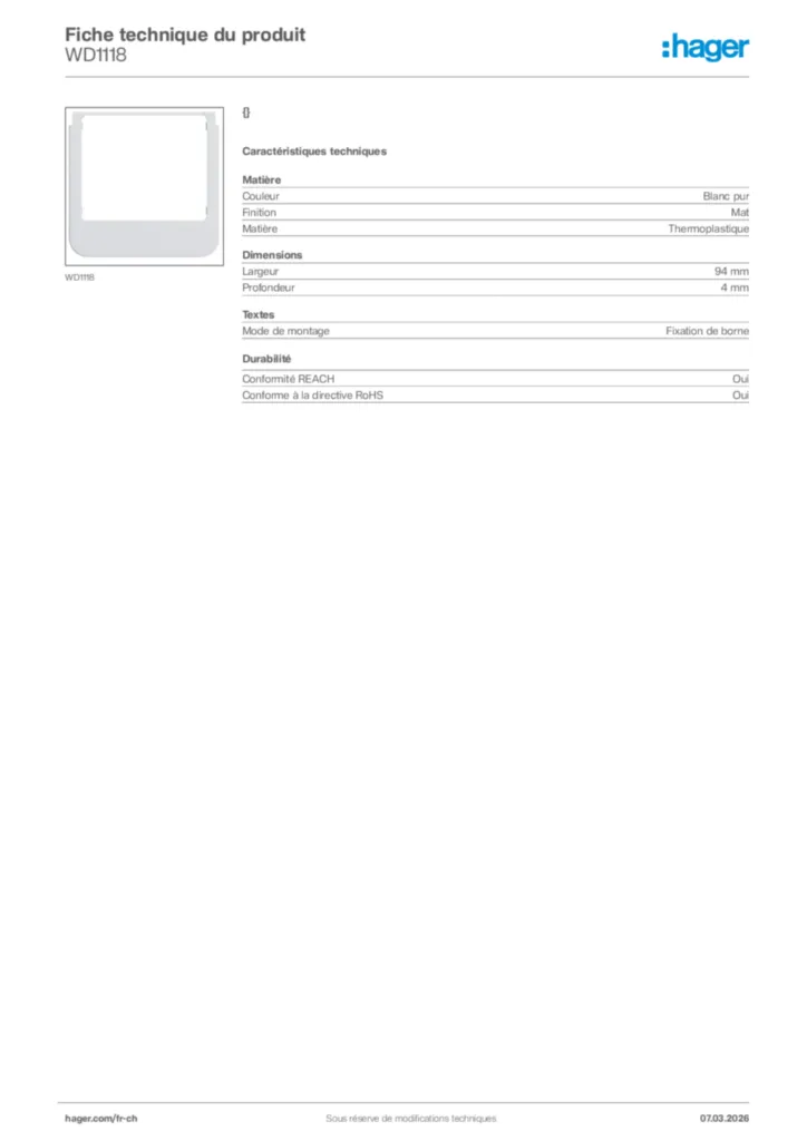 Image Hager Fiche technique du produit WD1118 | Hager Suisse