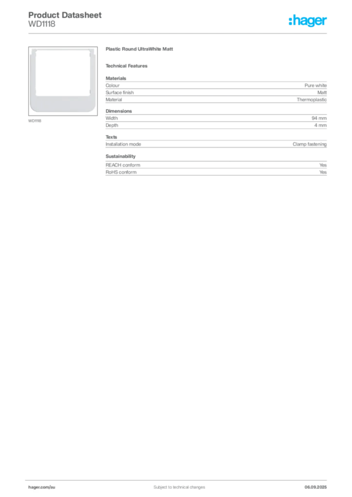 Image Hager Product data sheet WD1118  | Hager Australia