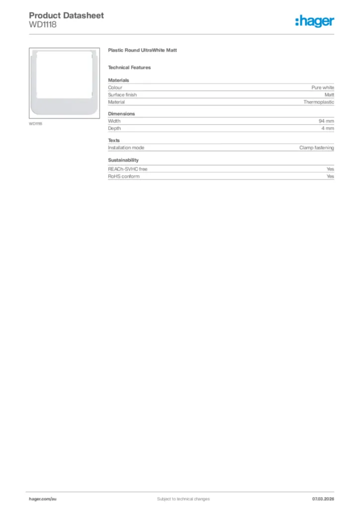 Image Hager Product data sheet WD1118  | Hager Australia