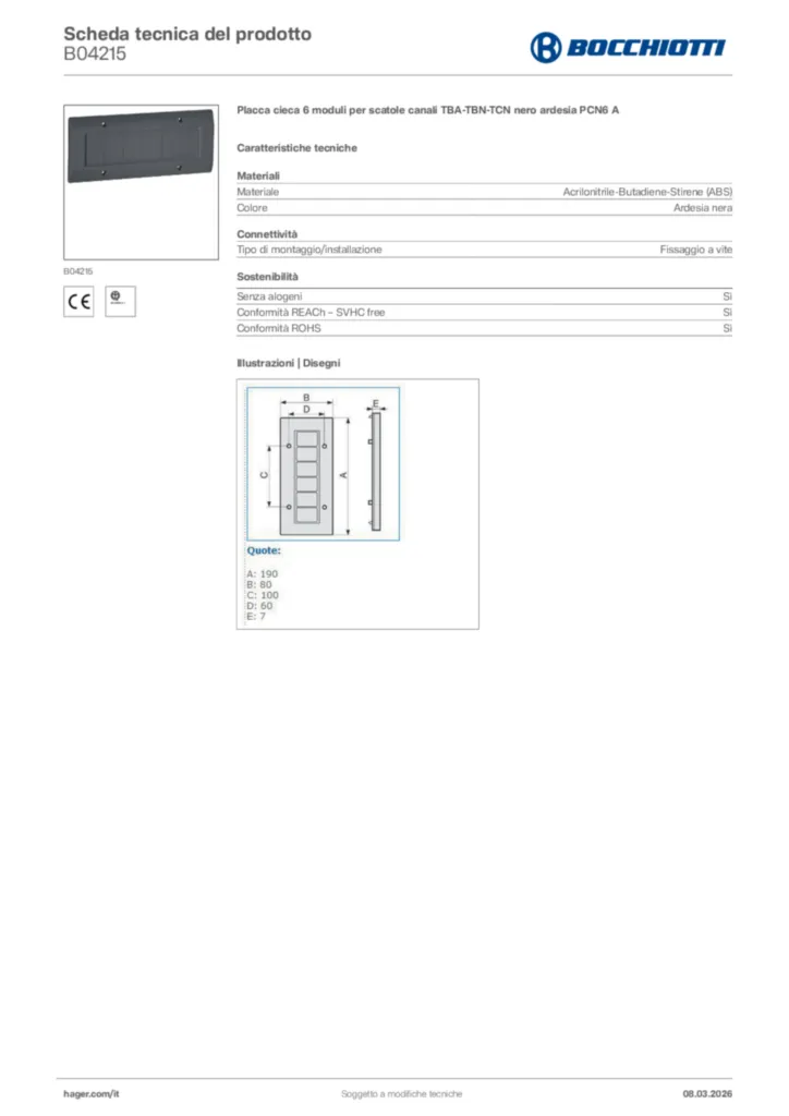 Immagine Bocchiotti Scheda tecnica del prodotto B04215 | Hager Italia