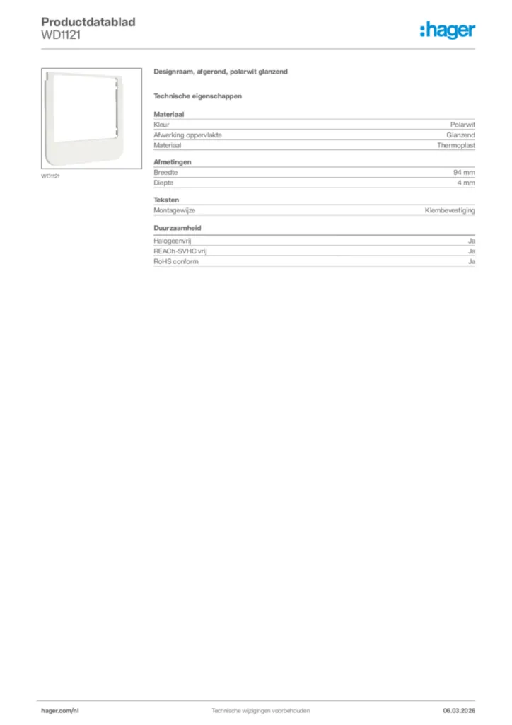 Afbeelding Hager Productdatablad WD1121 | Hager Nederland